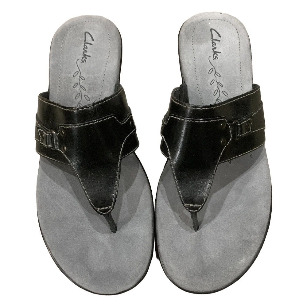 Clarks Black Leather Thong Wedge Sandals Flip Flops Size 7M (New)